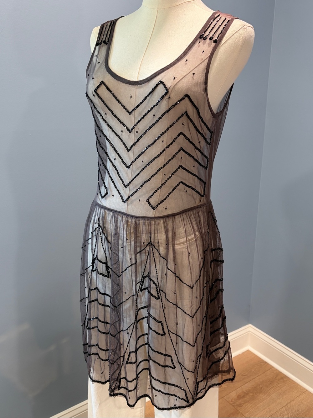 Free People Beaded Sheer Mesh Dress Art Deco Sleeveless Mini - Picture 2 of 8